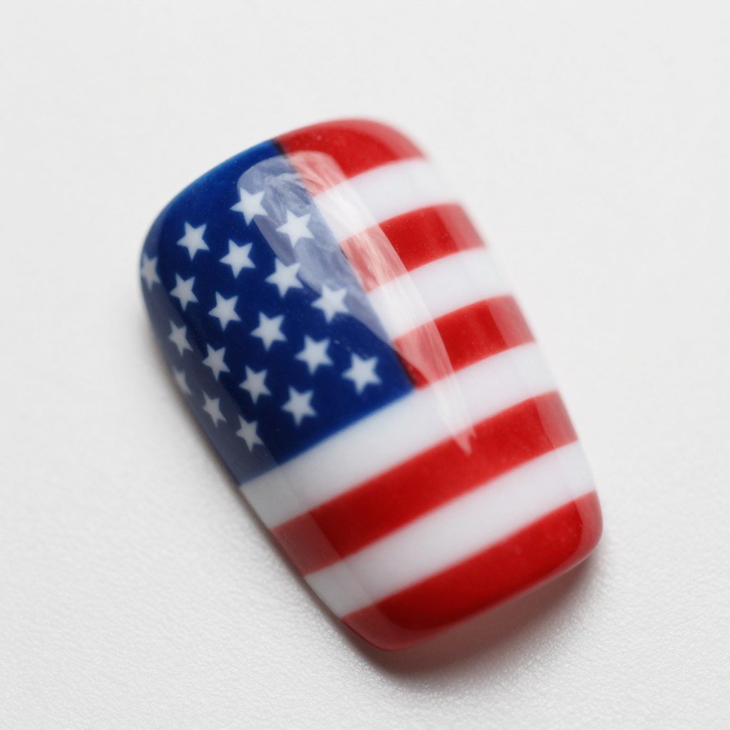 Square nail with classic American flag design featuring white stars on blue background and red stripes