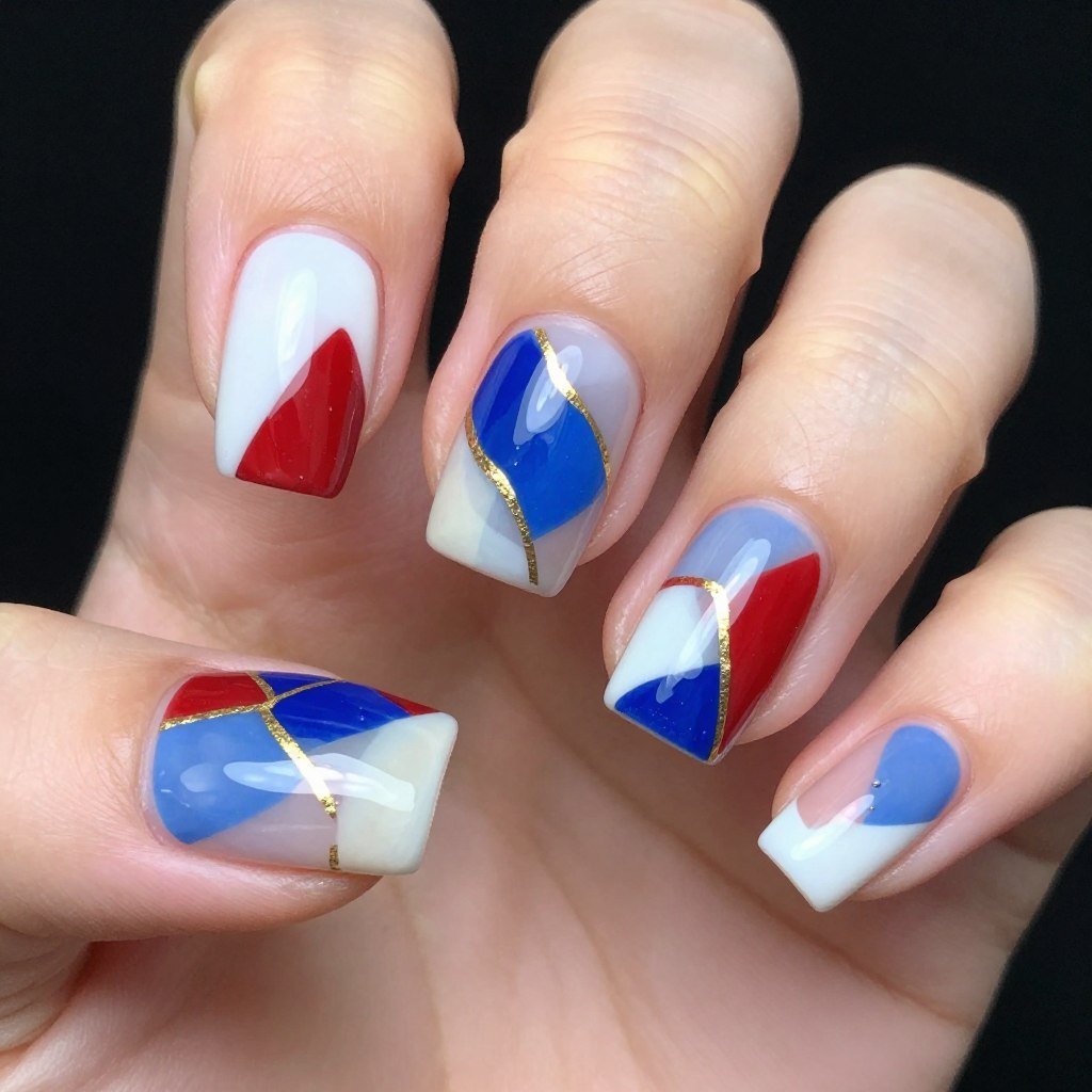 Square nails featuring abstract red white blue shapes with gold accent lines