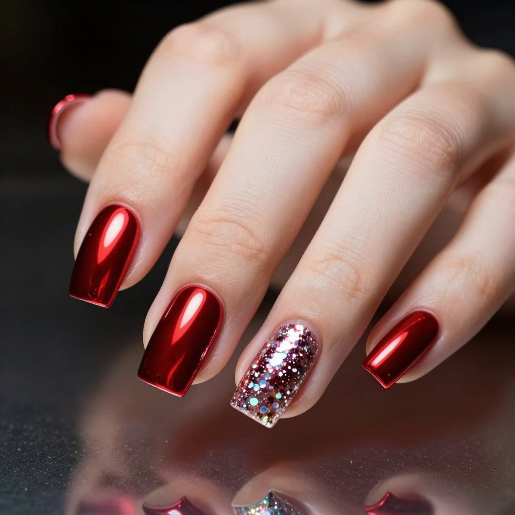 Square nails featuring red chrome finish with silver sparkle accents