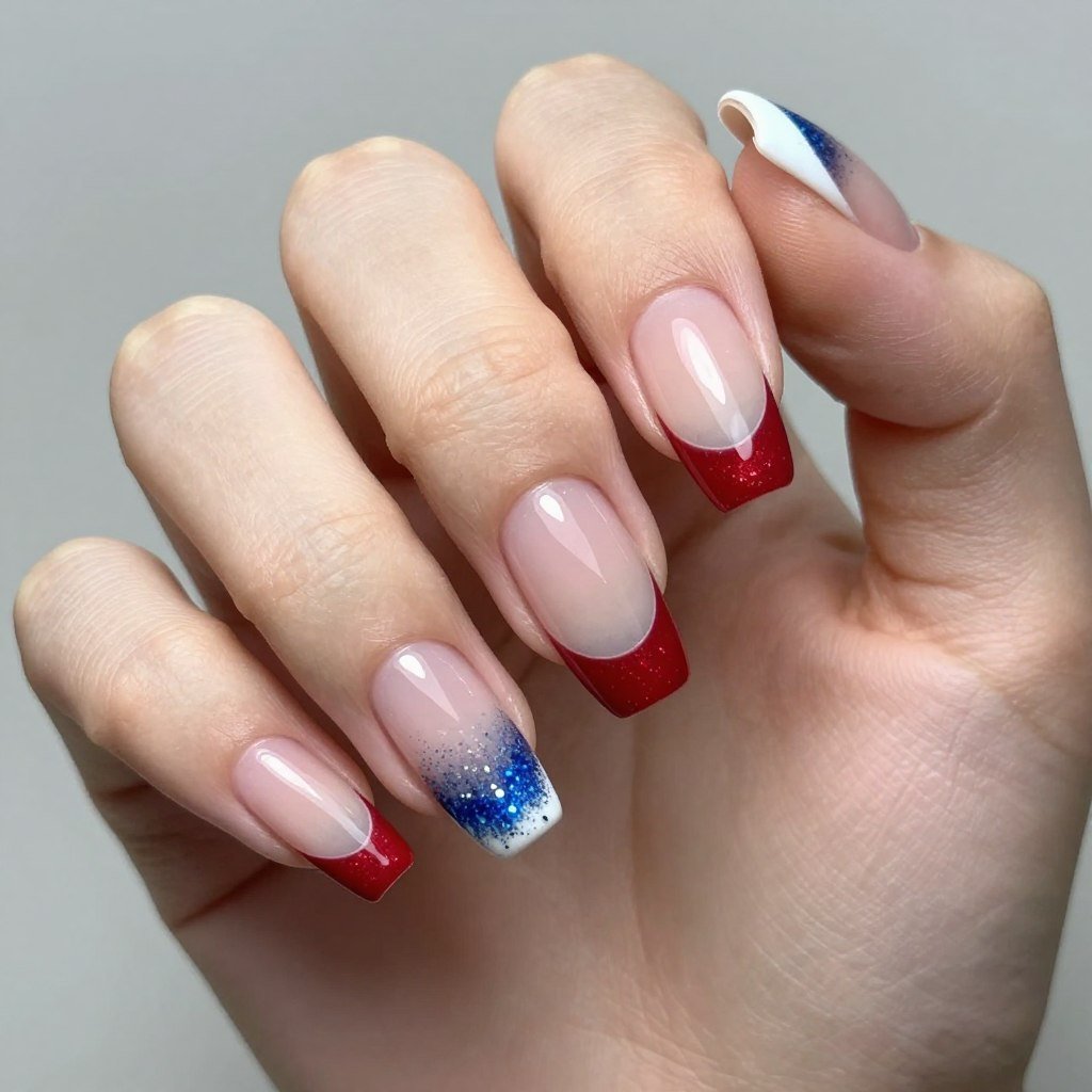Square nails featuring white tips with red and blue glitter gradient