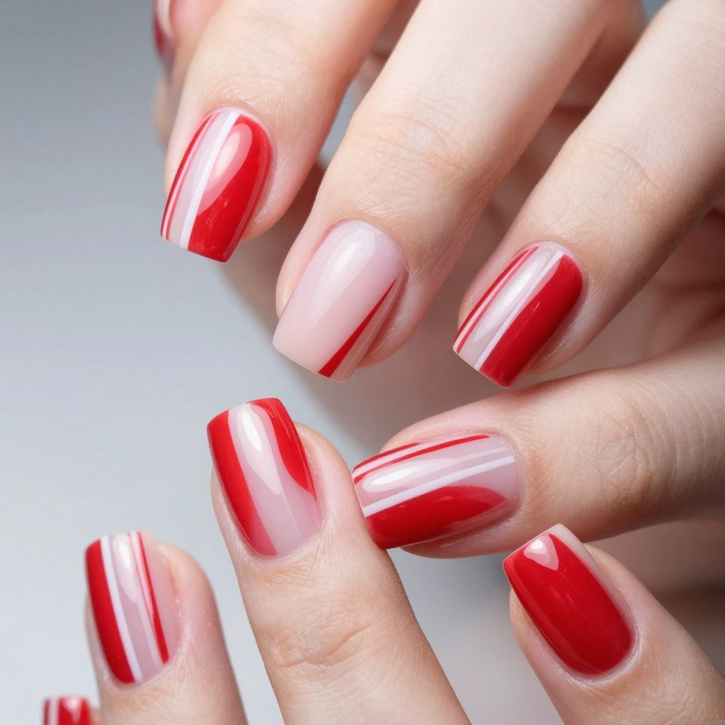 Square nails with alternating red and white vertical stripes creating bold patriotic pattern