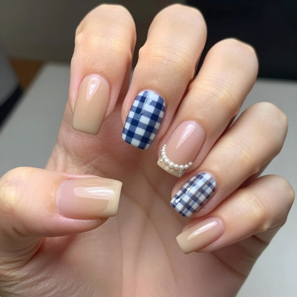 Square nails with beige base and small navy blue gingham pattern on accent nail