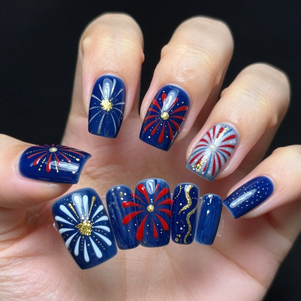 Square nails with blue base featuring large red and white firework bursts and gold accents