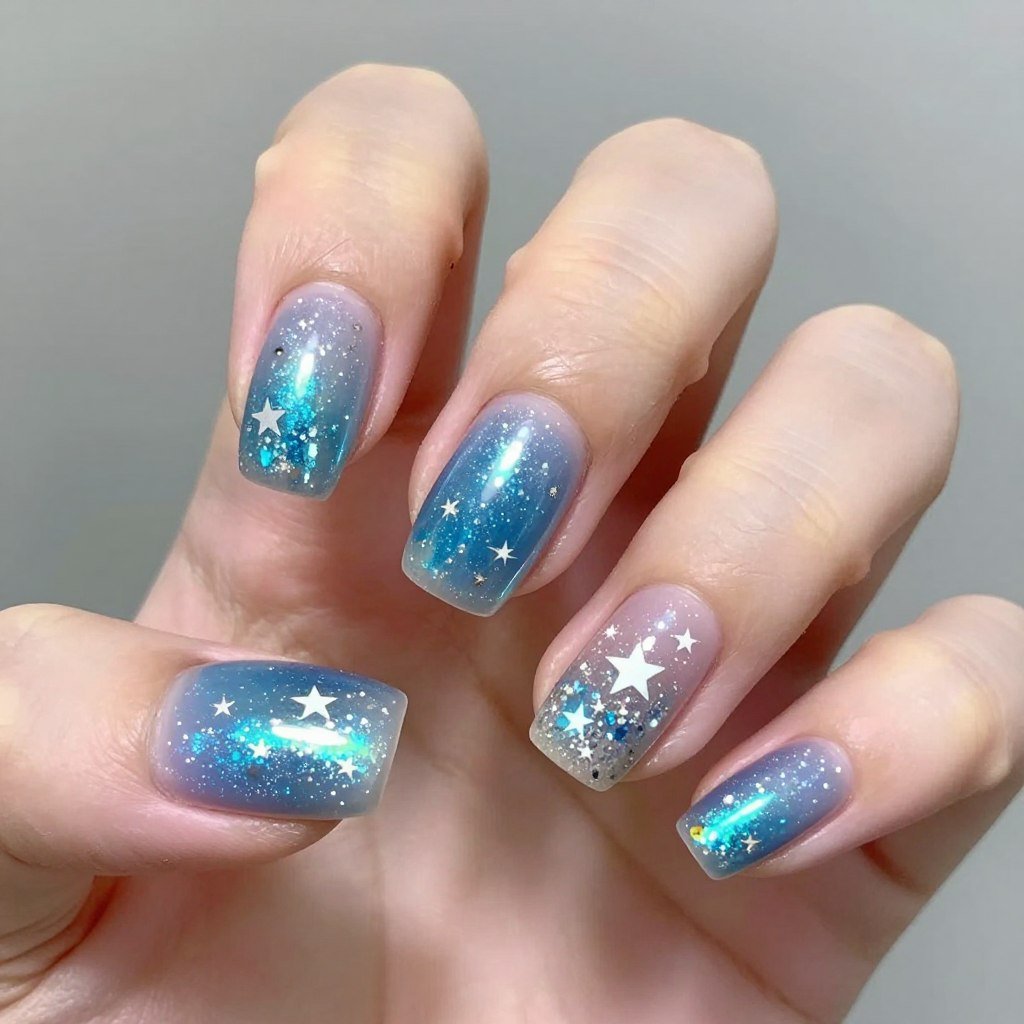 Square nails with blue holographic base and silver star sparkles