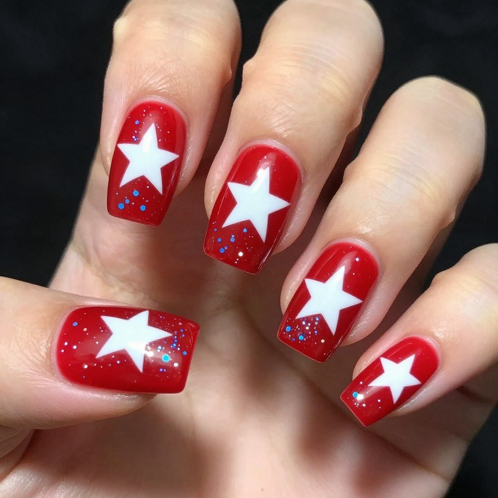 Square nails with bright red base covered in large white stars and blue glitter
