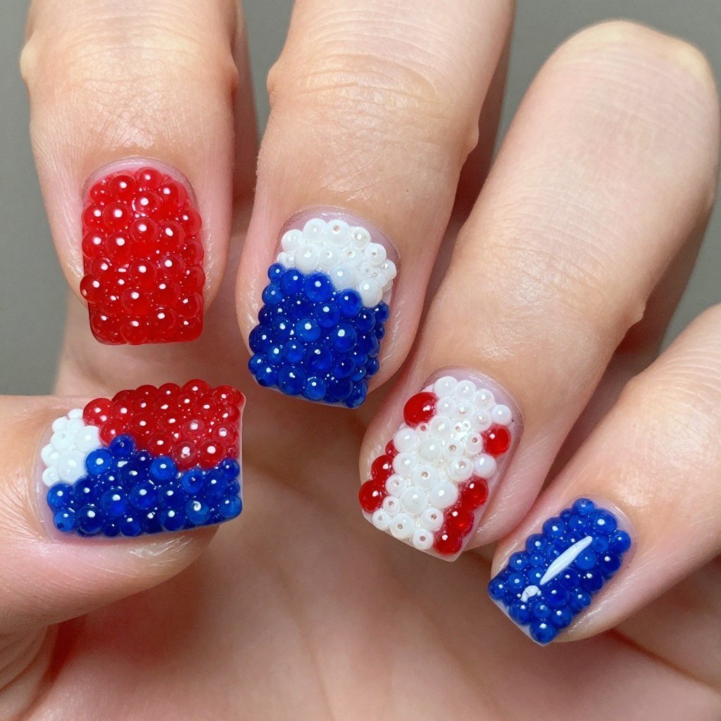 Square nails with caviar bead texture in red white and blue creating bumpy dimensional surface