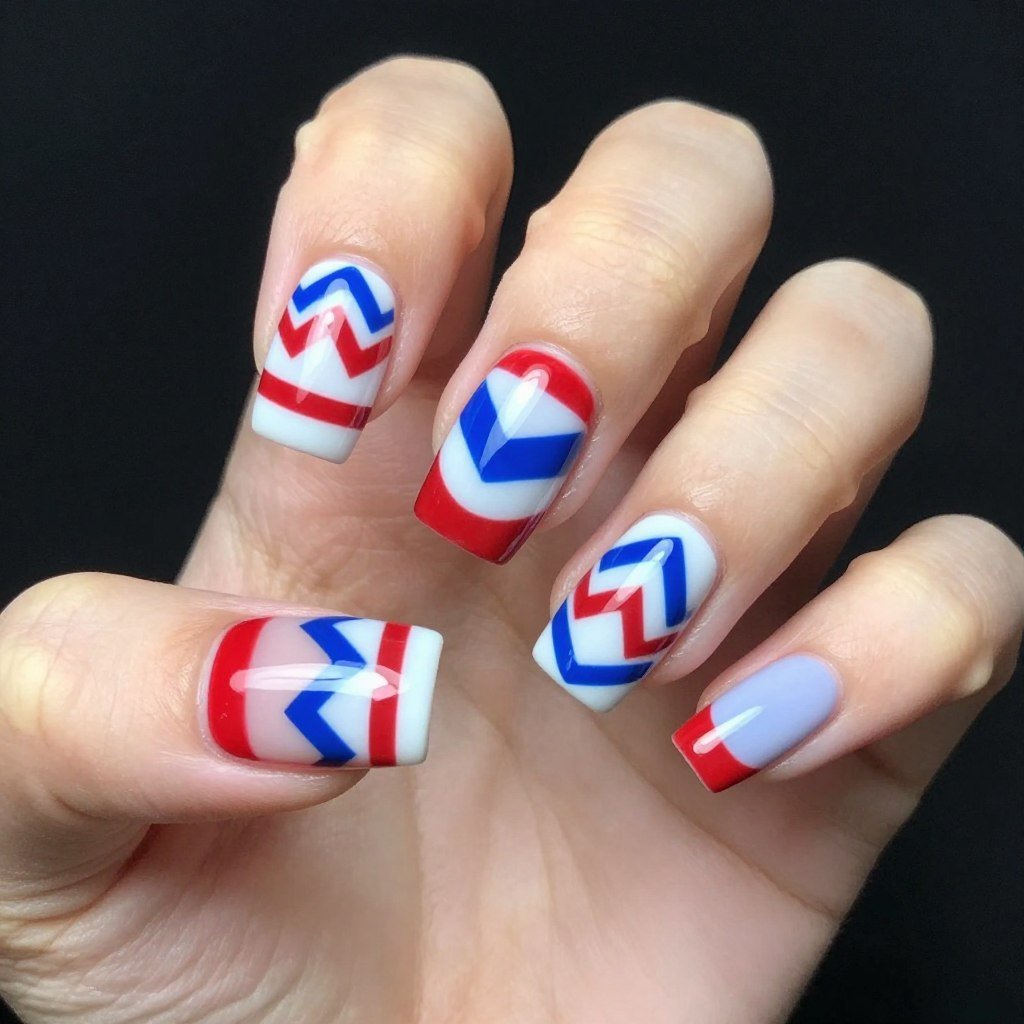 Square nails with chevron pattern in red white and blue colors