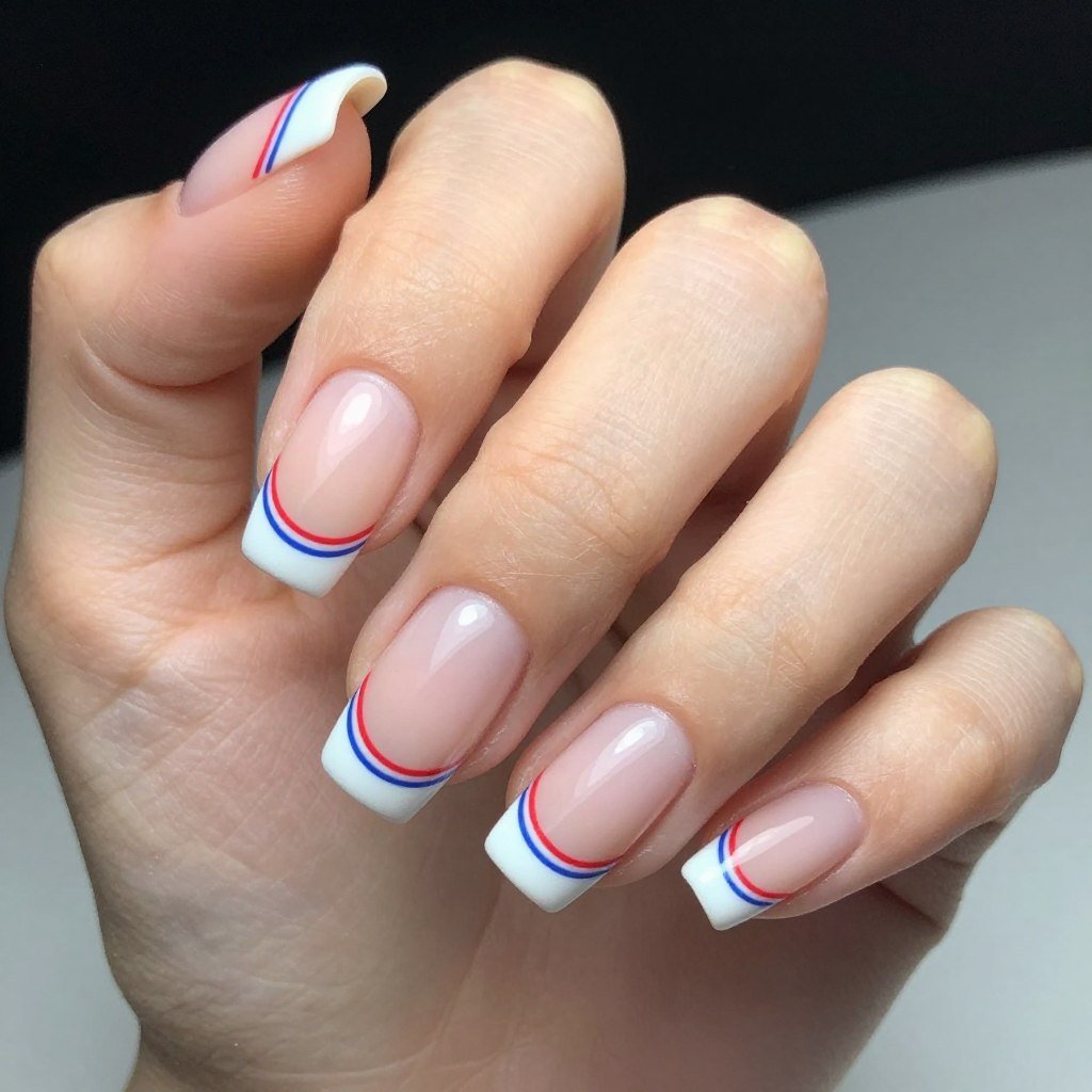 Square nails with classic French manicure and thin red blue detail line at cuticle
