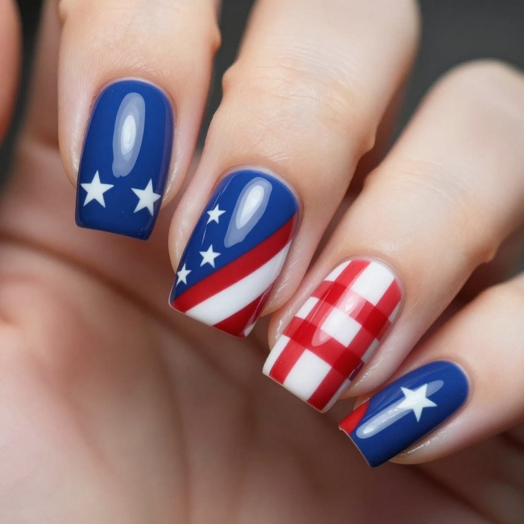 Square nails with diagonal blue canton and red stripes creating dynamic American flag design