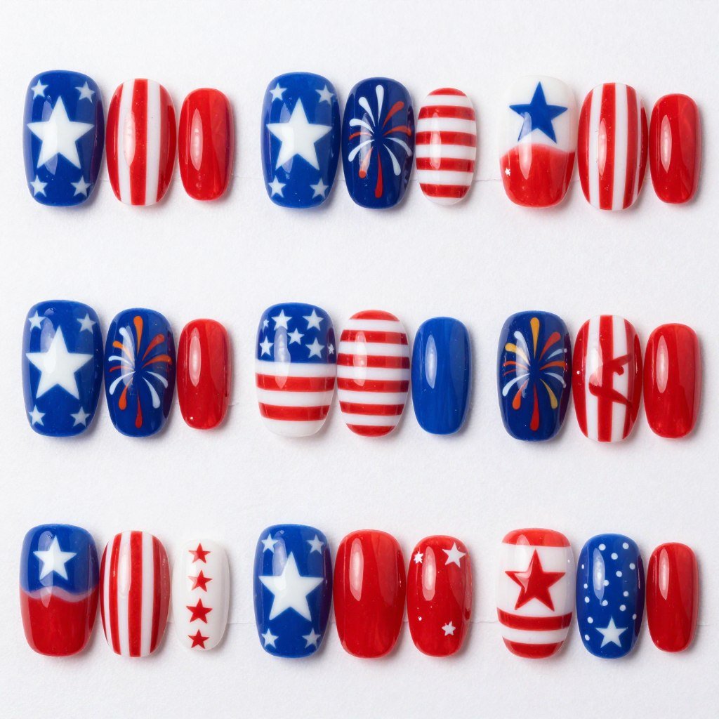 Square nails with each nail different design featuring stars stripes and solid colors