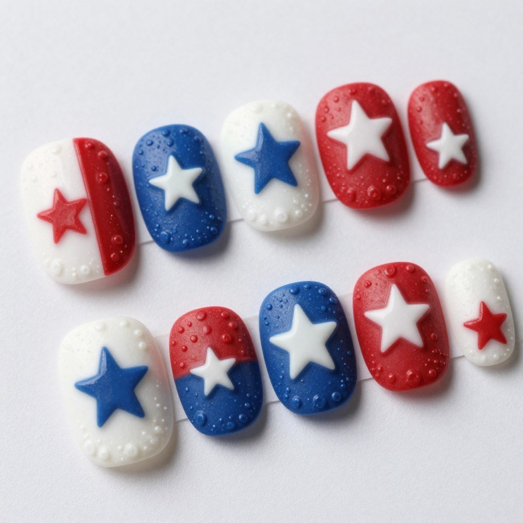 Square nails with embossed star pattern creating raised relief texture