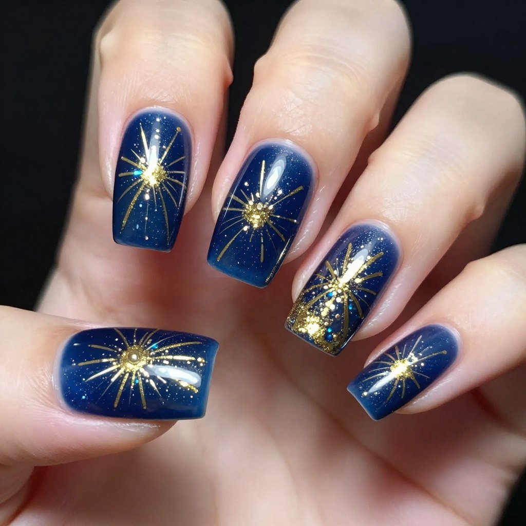 Square nails with gold glitter firework bursts on navy blue background
