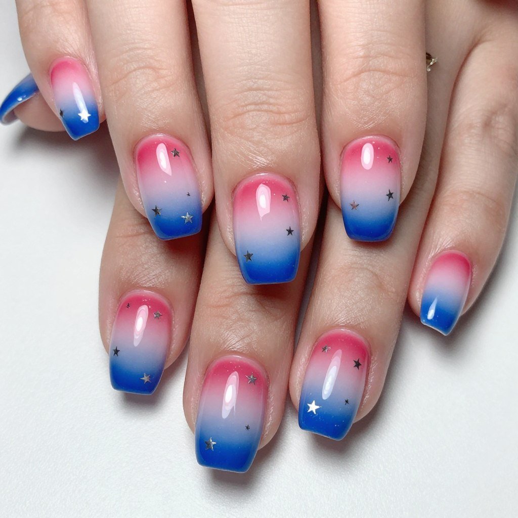 Square nails with gradient ombre from red through white to blue with star accents