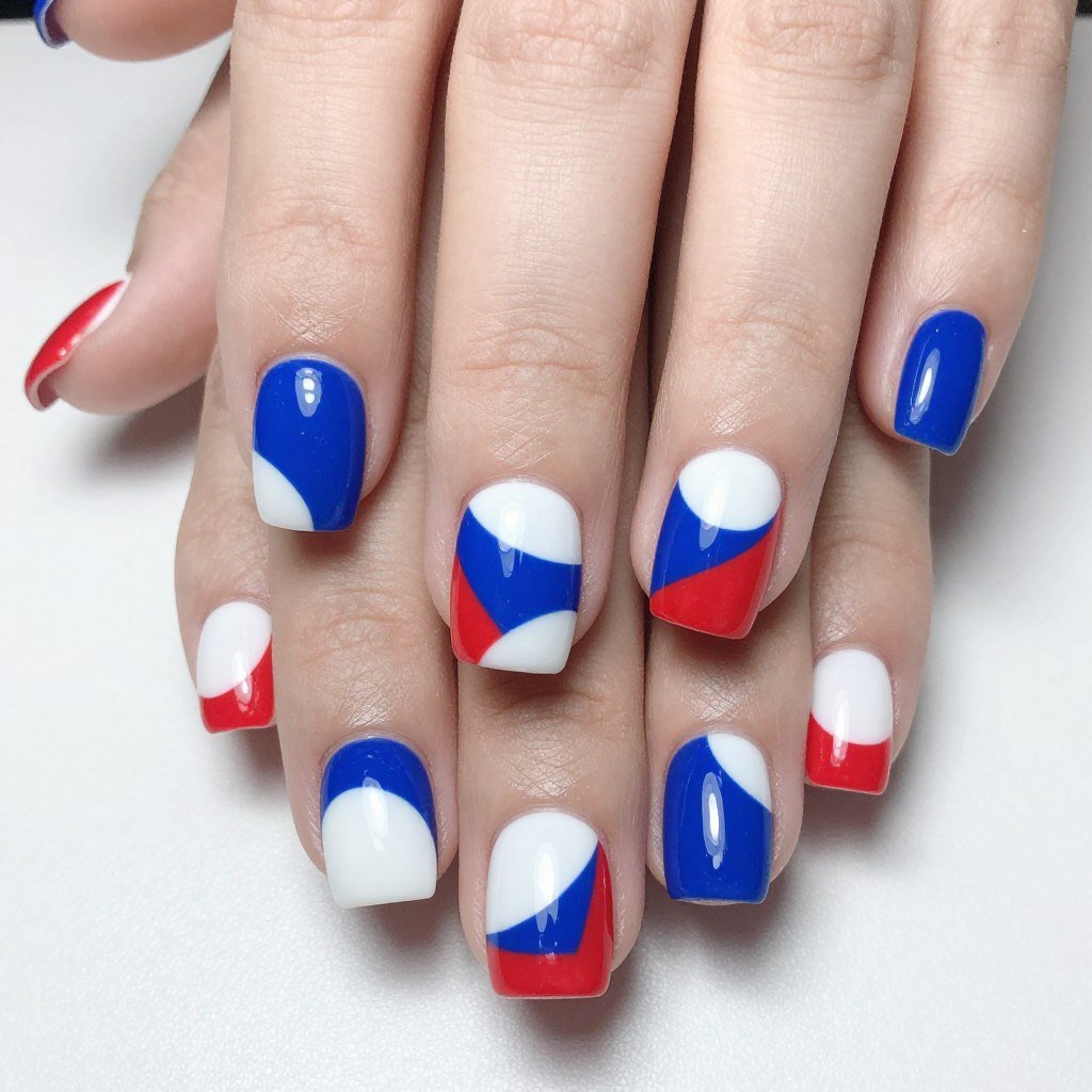 Square nails with half-moon geometric design in red blue and white
