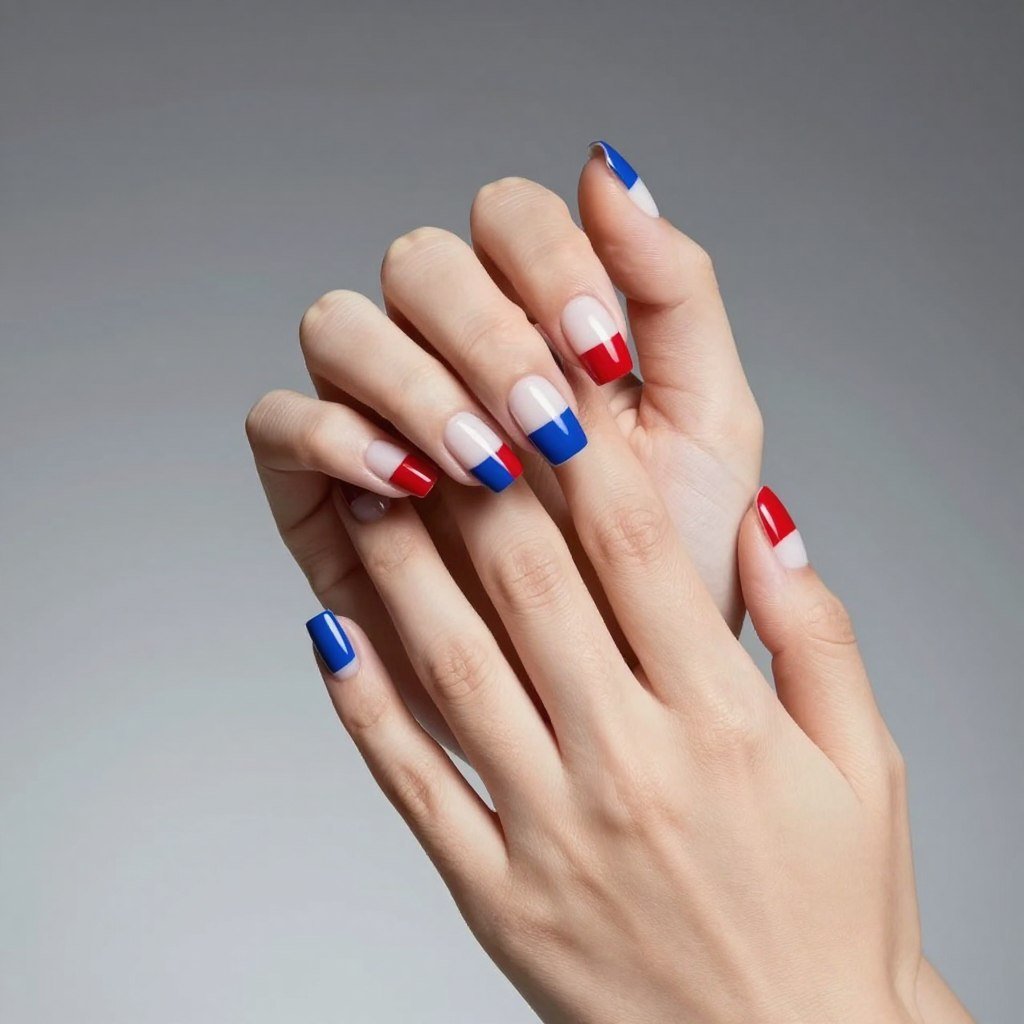 Square nails with horizontal red white blue stripes creating bold patriotic statement