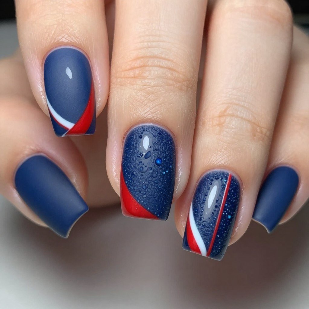 Square nails with matte blue base and glossy red white stripe accents creating texture contrast