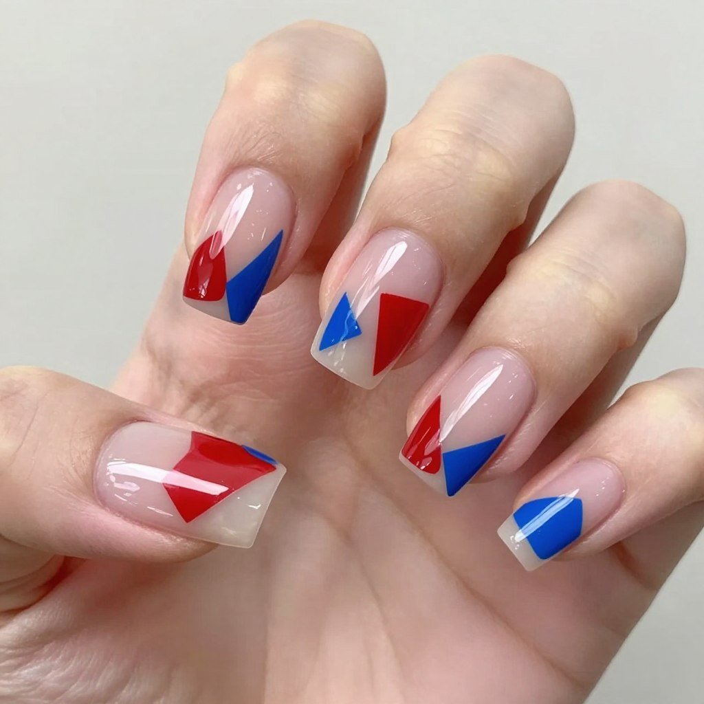 Square nails with negative space design featuring red and blue geometric shapes on clear base