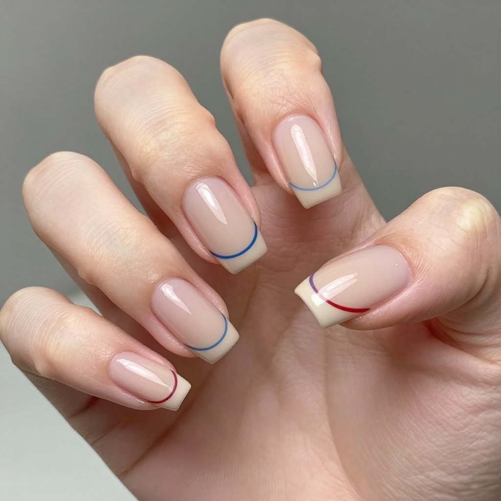 Square nails with nude base and delicate thin red and blue stripe accents