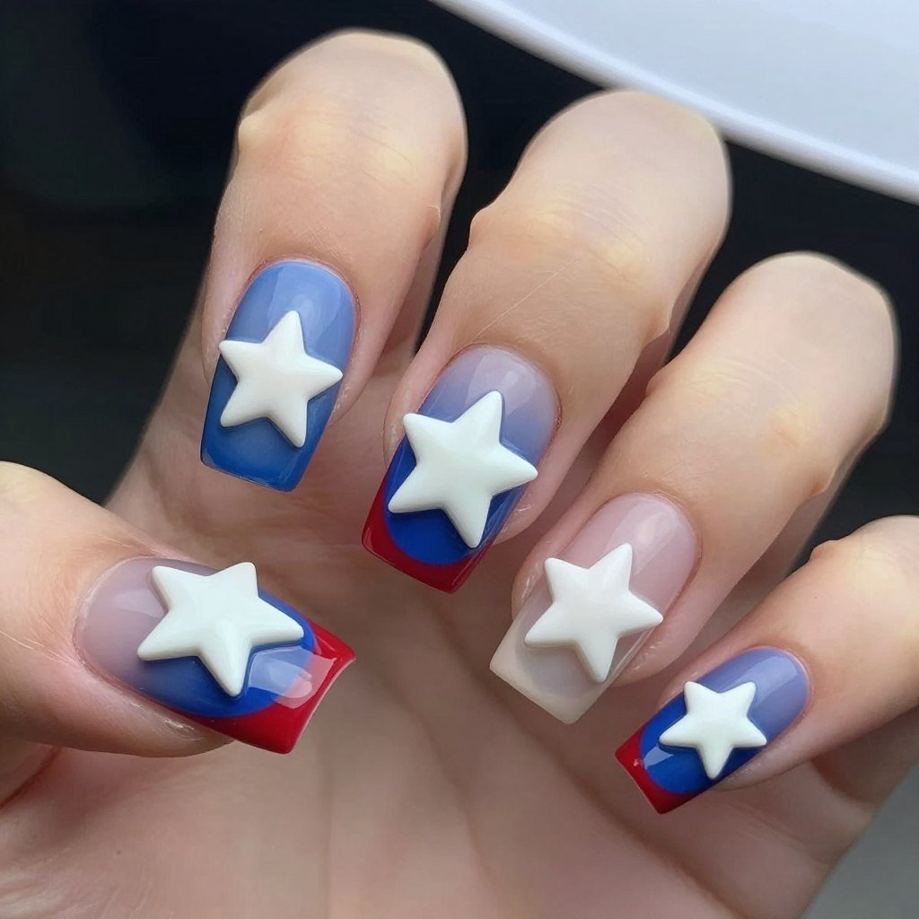 Square nails with raised 3D white star appliques on red and blue bases