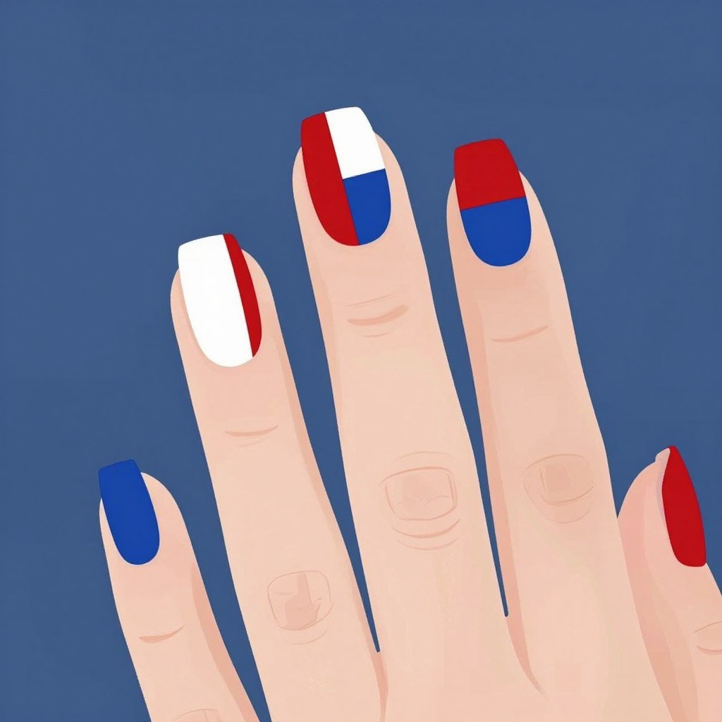 Square nails with red white blue color block geometric design