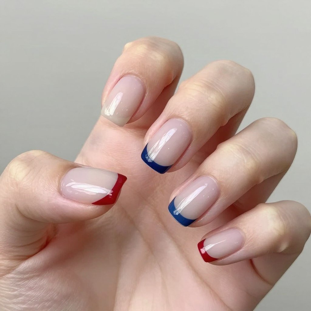 Square nails with sheer white base and single red or blue accent nail