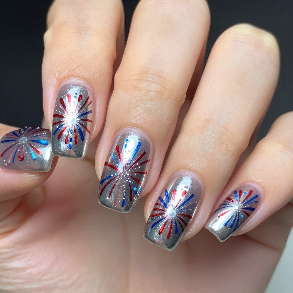 Square nails with silver chrome base and red blue sparkle firework details