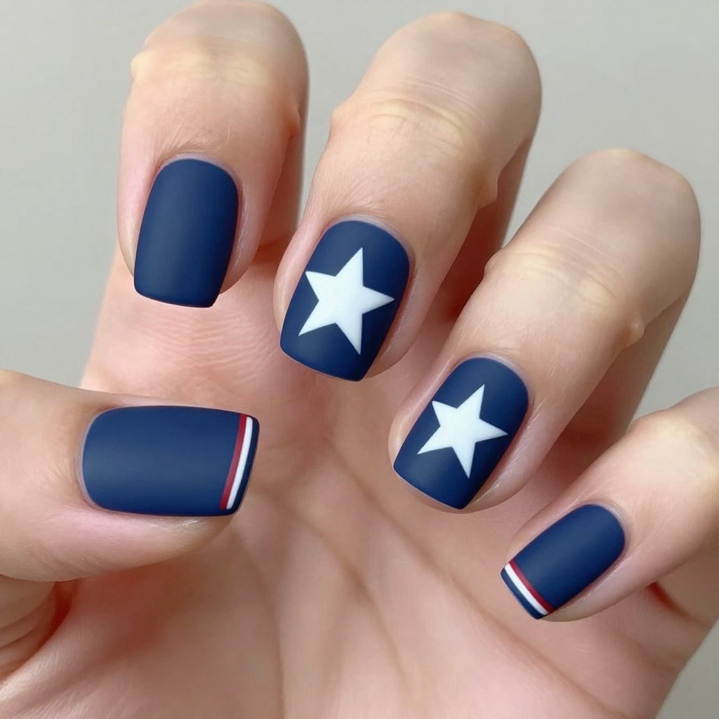 Square nails with single white star accent on blue base with red and white stripe details
