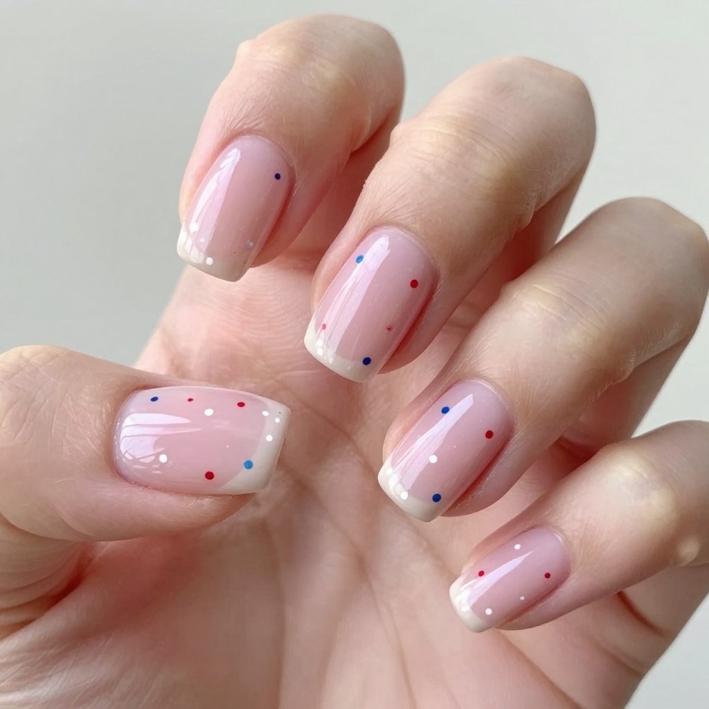 Square nails with soft pink base and tiny red white blue dot pattern