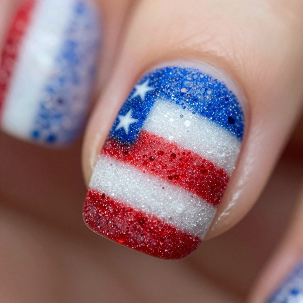 Square nails with textured sugar sand effect in red white and blue colors