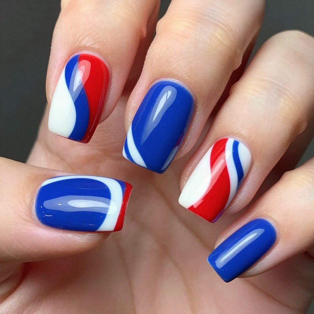 Square nails with thick red white blue diagonal stripes in bold color blocks