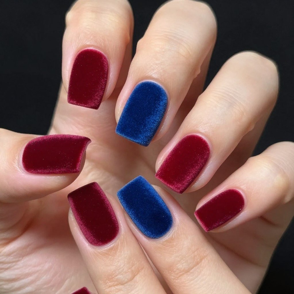 Square nails with velvet flocked finish in red and blue creating soft textured surface