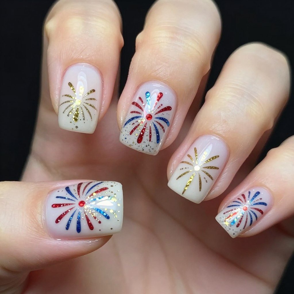 Square nails with white base and multicolored glitter firework designs