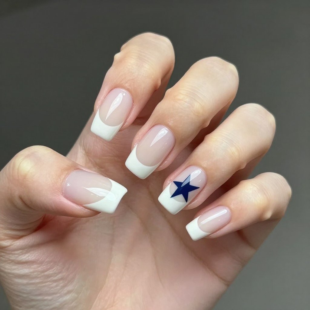 Square nails with white base and small navy blue star on accent nail