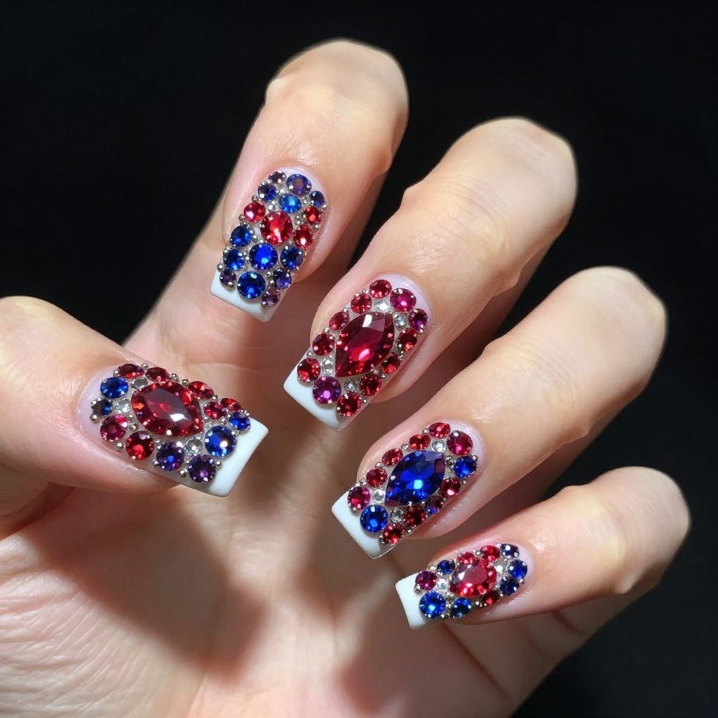 Square nails with white base completely covered in red and blue rhinestones