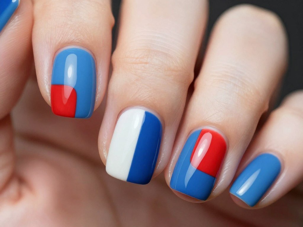 Square shaped nails with geometric patriotic pattern and clean lines