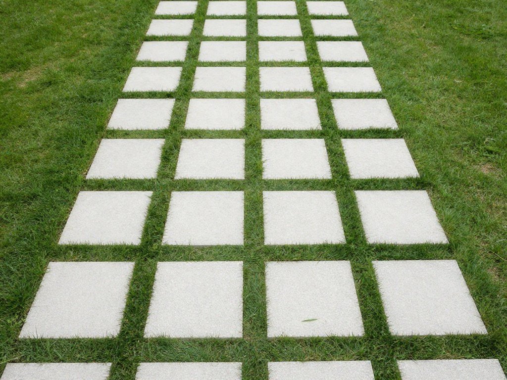 Square stepping stones in grid pattern with grass