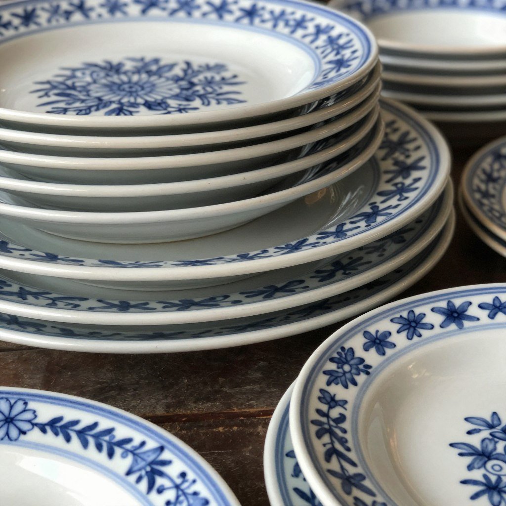 Stack of blue and white patterned plates