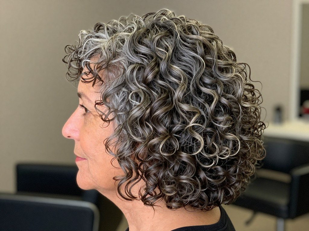 Stacked curly bob with graduated layers from back to front