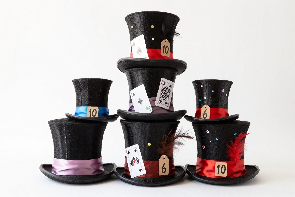 Stacked decorative top hats in various sizes and patterns