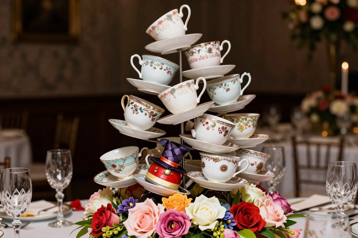 Stacked teacups and saucers in whimsical tilted tower centerpiece
