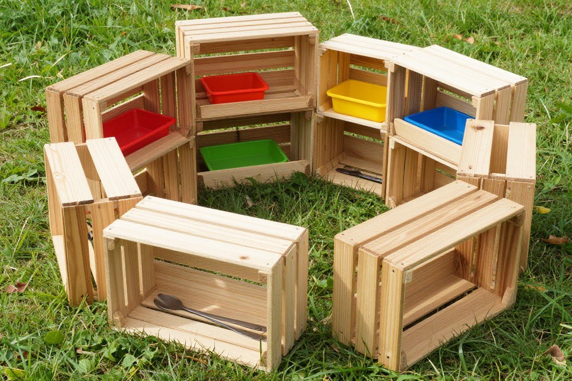 Stacked wooden crates forming modular mud kitchen with flexible storage configuration