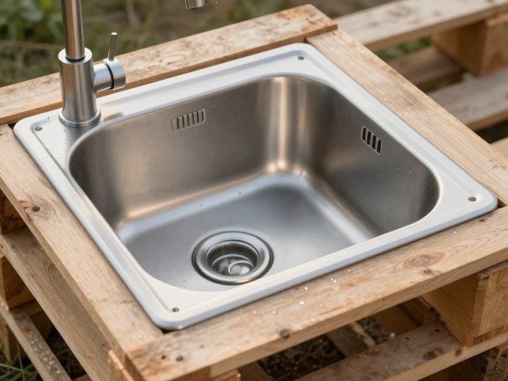 Stainless steel mud kitchen sink mounted in wooden frame