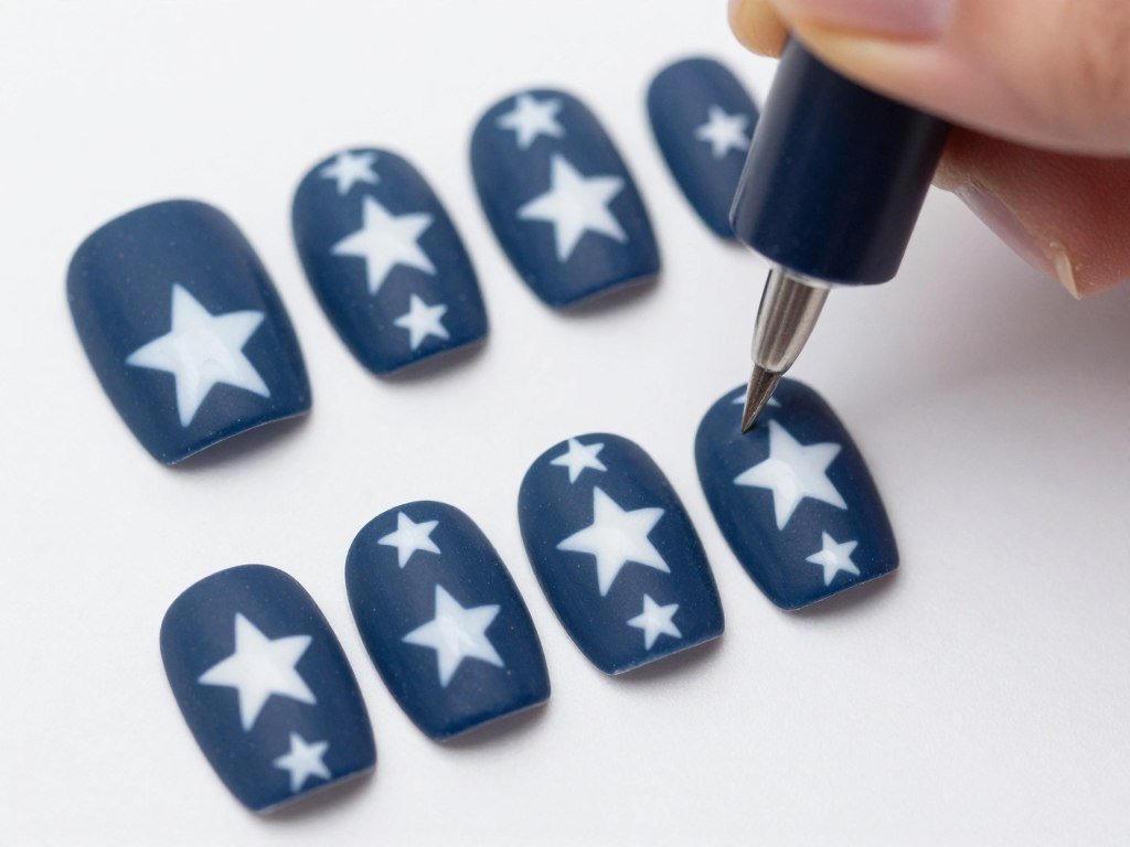 Stamped star nail art design on navy blue base using stamping plate