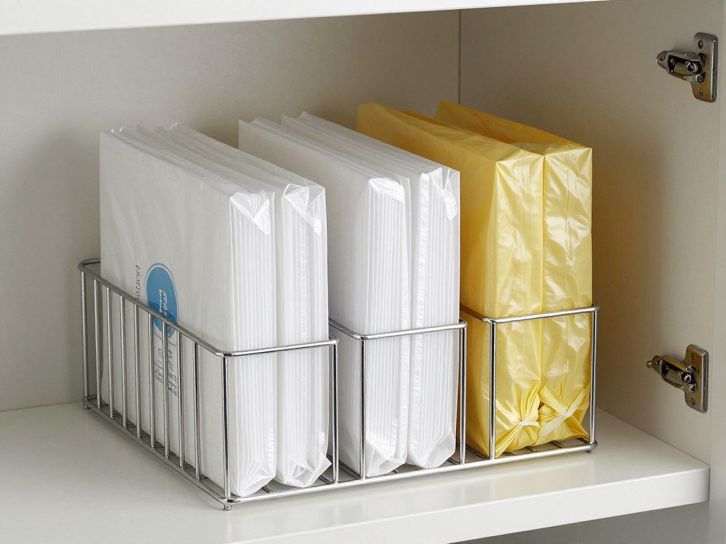 Standing napkin holder repurposed to organize plastic bags