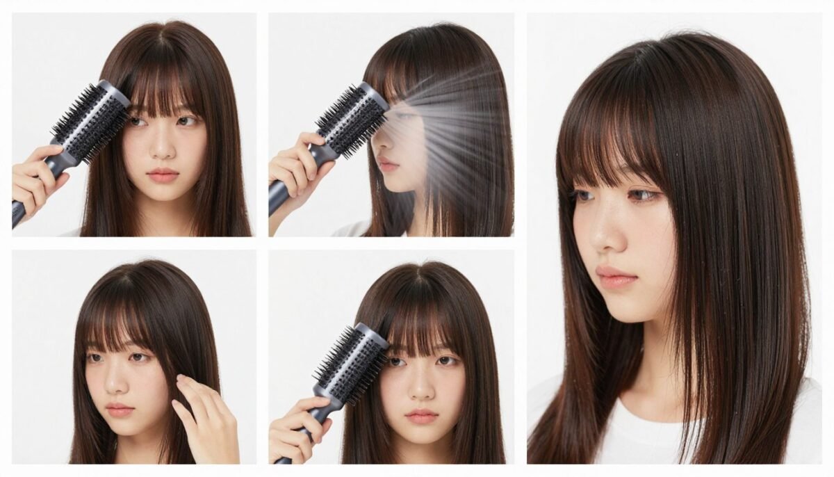 Step-by-step blow-drying technique for bangs demonstration