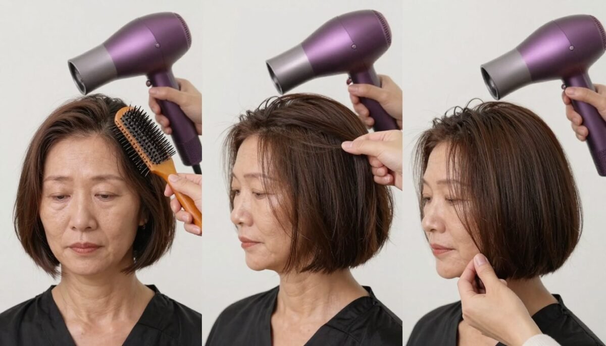 Step-by-step volume creation tutorial for fine-haired bob on mature women