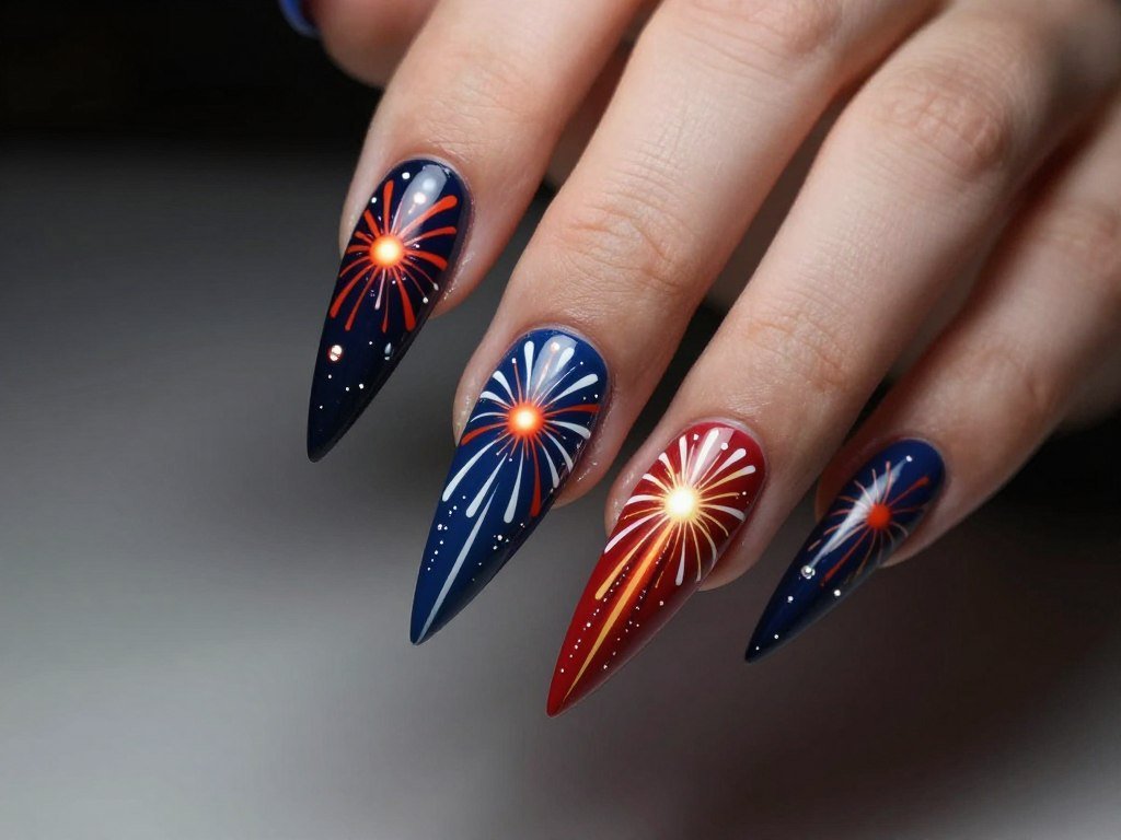 Stiletto nails with firework burst design radiating from pointed tips