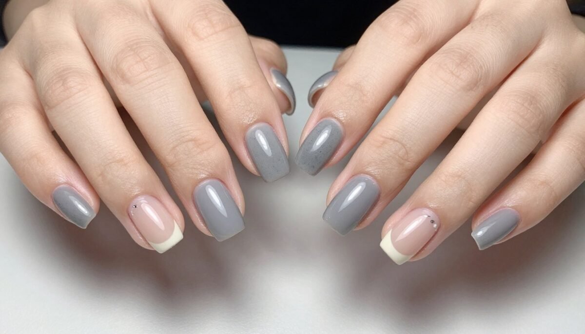 Stone grey French tips on square nails with neutral cool-toned shade