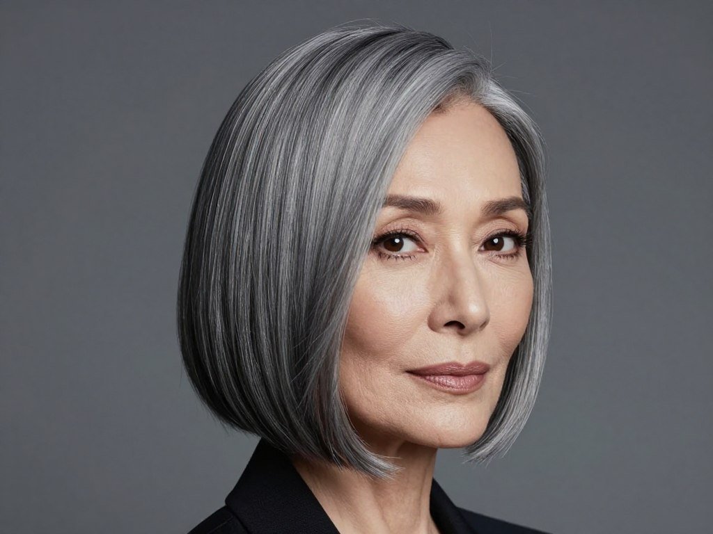 Straight bob with deep side part for mature women