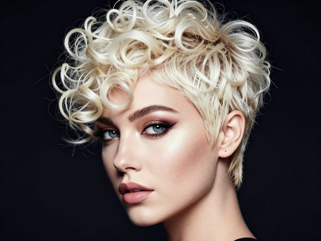 Striking platinum blonde curly pixie hairstyle